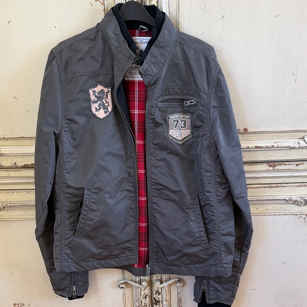 Men's Gray Lightweight Zip Jacket with Crest Patches